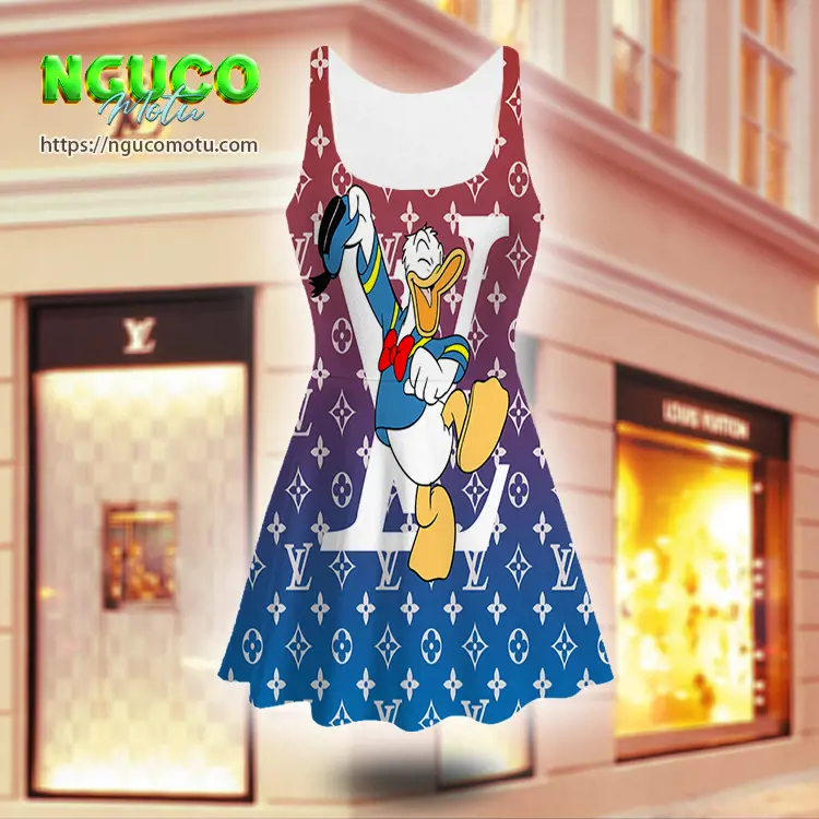 Lv and donald duck disney louis vuitton sleeveless midi flared dress gift uninque for women